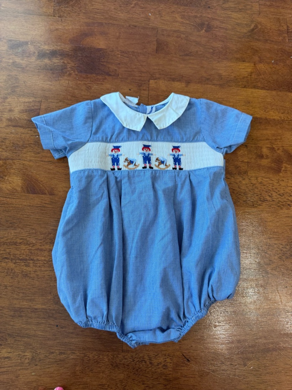 Vintage Silly Goose Smocked Bubble Romper Blue Gingham Clown Rocking Horse Andy